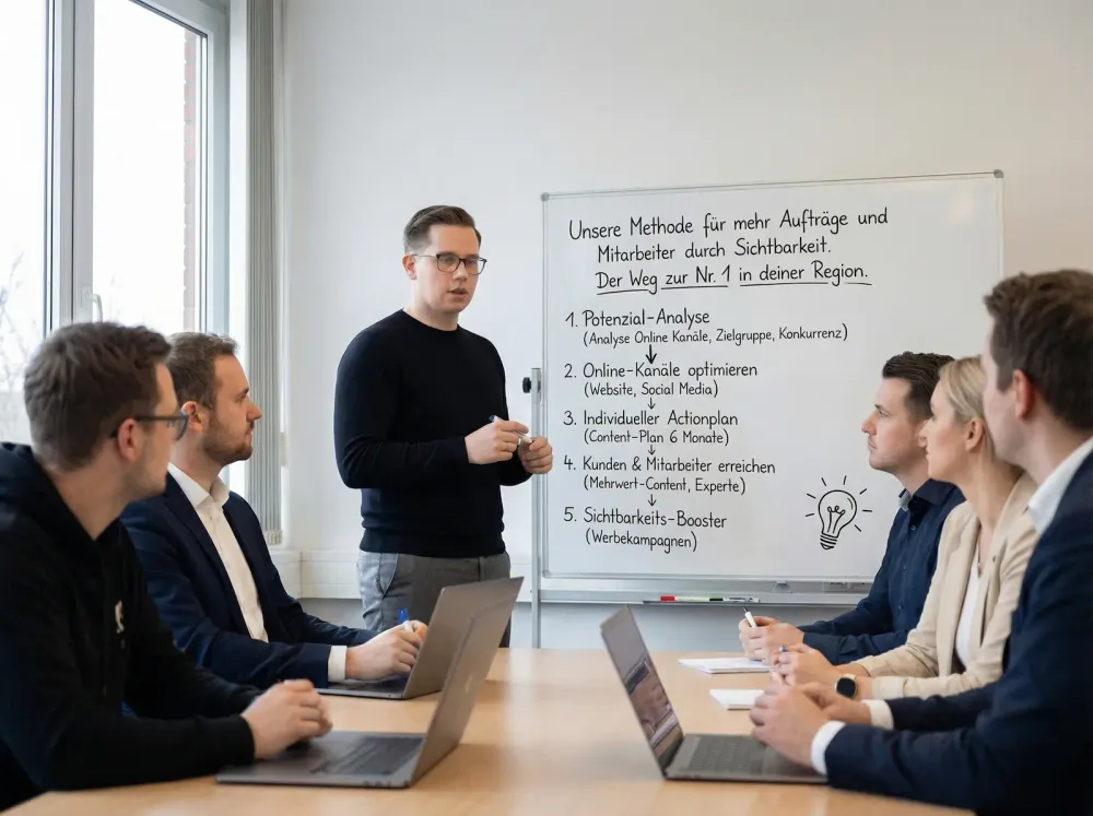 Noah Berg erklärt Kunden am Whiteboard den Weg zur Nr. 1 in ihrer Region