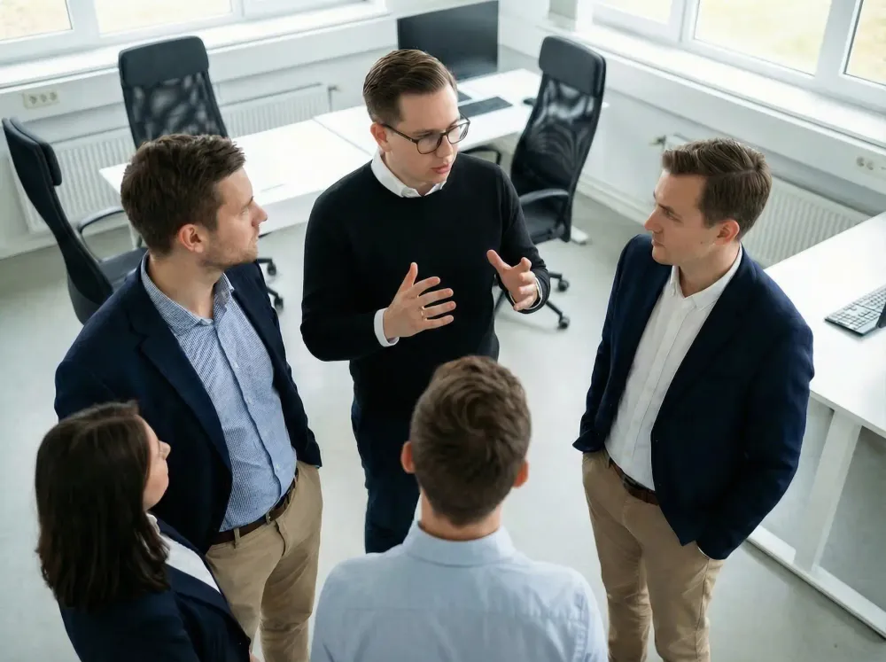 Noah Berg im Gespräch mit Kunden im Büro